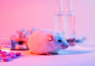 Medical test tube and glass flask with mouse on the desk Medical test tube and glass flask with mouse on the desk